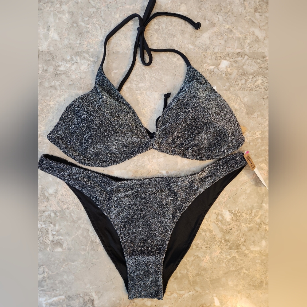 XL/XL PINK Swim Shimmer Triangle Bikini Top Brazilian Bikini Set